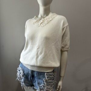 Vintage 80s/90s Crystal Sportswear Lace Collar CottageCore Ivory 100% Cotton Top